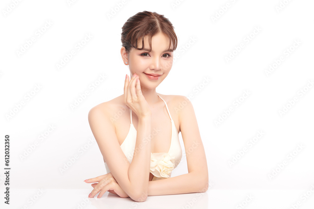 Beautiful young asian woman with clean fresh skin on white background, Face care, Facial treatment, Cosmetology, beauty and spa, Asian women portrait.