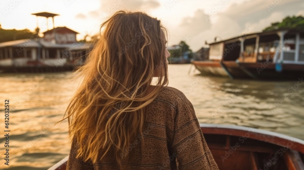 Young woman from behind on a boat. Generative AI.
