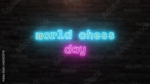 World chess day with neon text effect in wall background. Seamless looping video