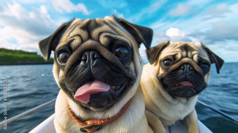 Cute pugs take a boat trip on vacation in the sunshine on the open sea. Created with Generative AI.