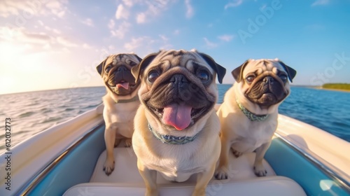 Cute pugs take a boat trip on vacation in the sunshine on the open sea. Created with Generative AI. © CreativRobots
