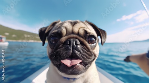 Cute pugs take a boat trip on vacation in the sunshine on the open sea. Created with Generative AI.