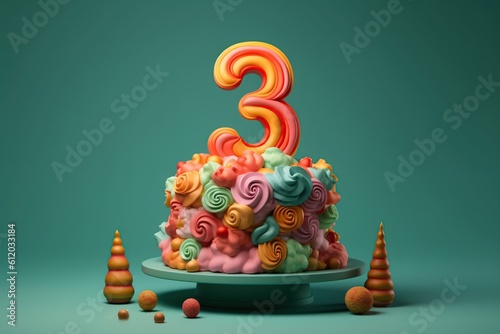 Birthday colorful cake on a 3 years decorated with colorful sweets, topper number three on a green background. Copy space. Generative AI