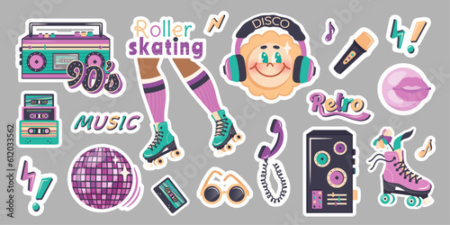 Set of trendy stickers in retro style of 90s, 80s, 70s. Hand drawn music label template, cartoon character sun, roller skating. Vector illustration for nostalgia party, advertising, poster
