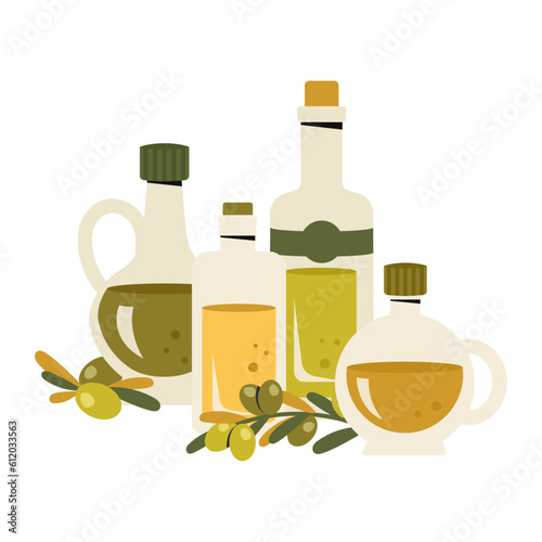 Set of glass olive oil bottles. Pitcher and corked bottle of extra virgin olive oil, branch of olive trees, leaves. Kitchenware, cooking concept. Healthy organic food. Vector flat illustration