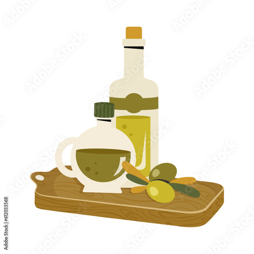 Composition of olive oil bottles. Glass corked bottles of extra virgin olive oil on wood board. Kitchenware with branch of olive trees, leaves. Cooking concept. Healthy food. Vector flat illustration
