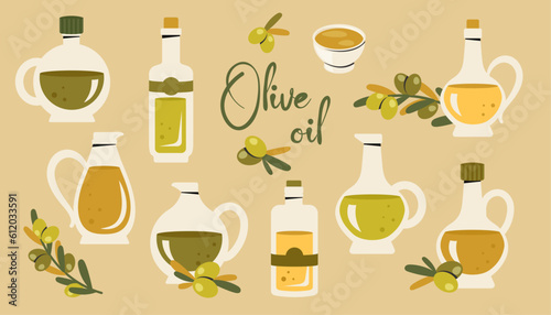 Set of glass olive oil bottles isolated. Pitchers with fresh virgin oil, branch of olive trees, leaves. Healthy organic food, natural vitamins. Kitchenware, cooking concept. Vector flat illustration