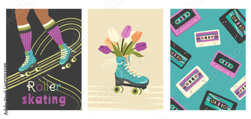 Trendy retro poster in 90s, 80s, 70s style. Young Woman rollerblading. Roller skates, flower, cassettes. Vintage old school hand drawn design. Vector flat illustration for print, web, holiday, party