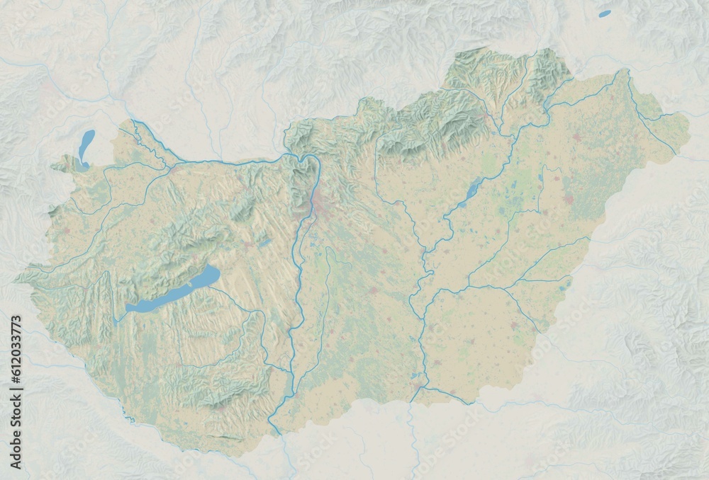 Topographic map of Hungary with shaded relief