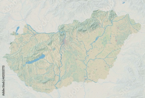 Topographic map of Hungary with shaded relief