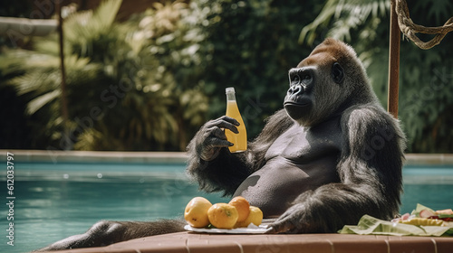 Gorilla relaxing poolside