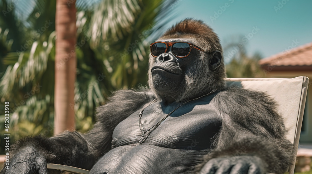 Gorilla relaxing by the pool