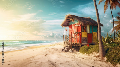 Tropical sea with a hut on the beach
