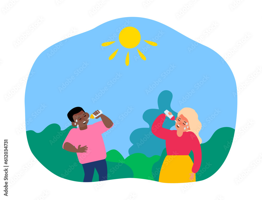 children boy and girl drinking water summer heatstroke first aid thirsty dehydration vector illustration