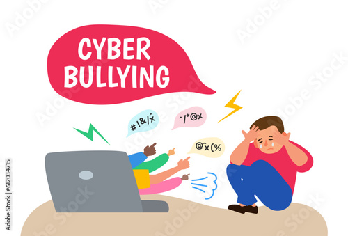 cyber bullying in social media crying little boy siitting  laptop   internet aggression  vector illustration