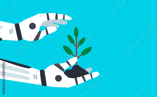 robotic hands with small plant in soil  save nature ecology concept vector illustration
