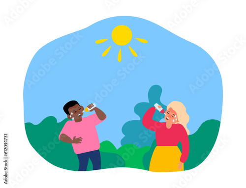 children boy and girl drinking water summer heatstroke first aid thirsty dehydration vector illustration