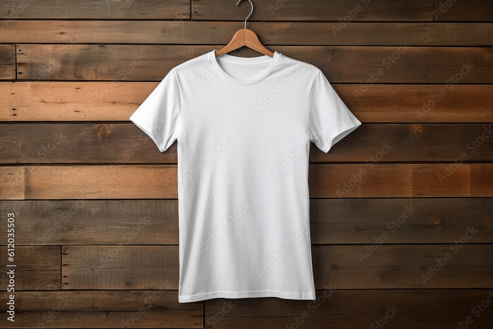 Blank White T-Shirt Mock-up on minimalistic wooden background style, soft diffused lighting, potted plants surrounding the t-shirt. Generative AI Blank White T-Shirt Mock-up on minimalistic wooden background style, soft diffused lighting, potted plants surrounding the t-shirt. Generative AI