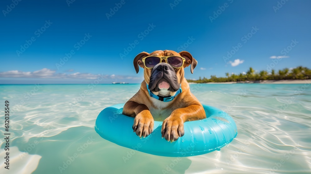 Mister dog chilling on a pool float on a sandy ocean beach. Boxer dog in sunglasses and rubber ring in the turquoise sea.