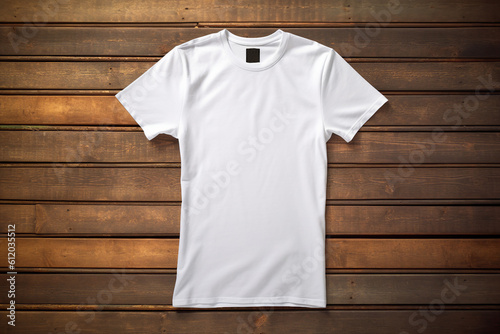 Blank White T-Shirt Mock-up on minimalistic wooden background style, soft diffused lighting, potted plants surrounding the t-shirt. Generative AI