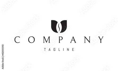 Vector logo on which an abstract image of a cup of coffee made up of two sheets and a silhouette of a coffee bean in the middle.