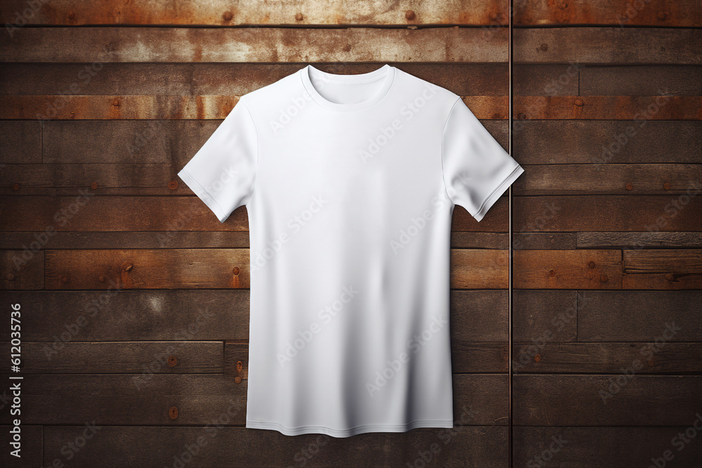 Blank White T-Shirt Mock-up on minimalistic wooden background style, soft diffused lighting, potted plants surrounding the t-shirt. Generative AI Blank White T-Shirt Mock-up on minimalistic wooden background style, soft diffused lighting, potted plants surrounding the t-shirt. Generative AI