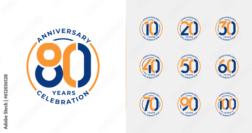 Set of colorful anniversary logo. 10, 20, 30, 40, 50, 60, 70, 80, 90, 100, birthday symbol collections with emblem or badge concept