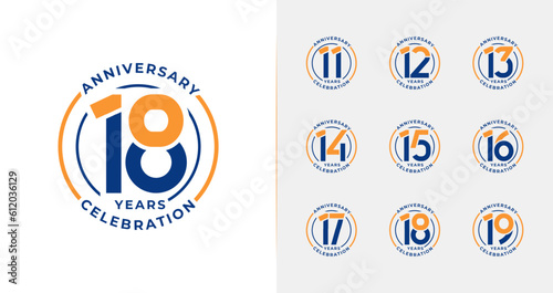 Set of colorful anniversary logo. 11, 12, 13, 14, 15, 16, 17, 18, 19, birthday symbol collections with emblem or badge concept