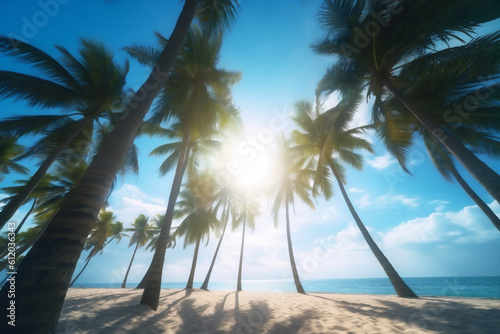 island sky sunset ocean sea beach landscape sun sunrise palm. Generative AI.