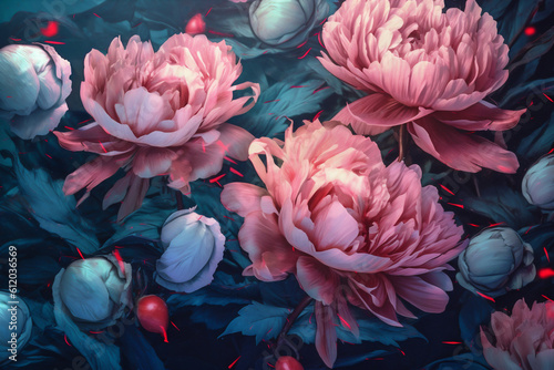 bright flower blossom colours design peony bloom neon flora nature. Generative AI.