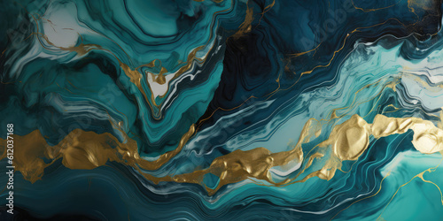 Abstract ocean marble texture. Natural Luxury background. Swirls of marble or the ripples of agate. Above Beautiful blue paint with the addition of gold powder. Generative AI photo imitation.