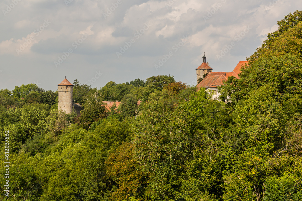 Old town towers in Rothenburg ob der Tauber, Bavaria state, Germany