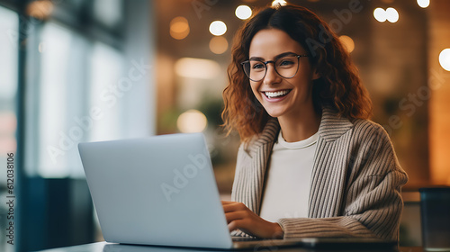 Close up portrait of young beautiful woman smiling while working with laptop in office.Created with Generative AI technology. photo