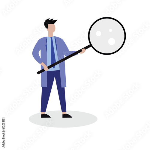 The doctor examines the infection with a magnifying glass flat design