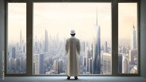 Foto Arab businessman in traditional clothing stands in his office against a backdrop of skyscrapers
