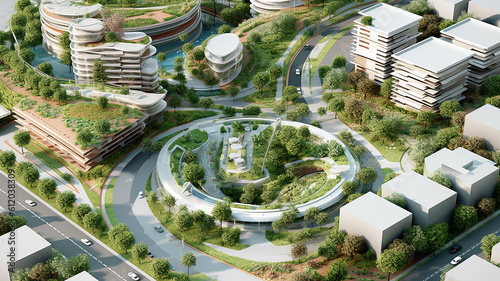 illustrazione di progetto edilizio urbano eco sostenibile con palazzi e alberi, creato con ai photo