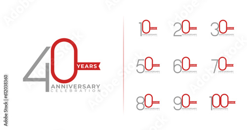 Set of simple anniversary logo. 10, 20, 30, 40, 50, 60, 70, 80, 90, 100, birthday symbol collections with minimal and elegant concept