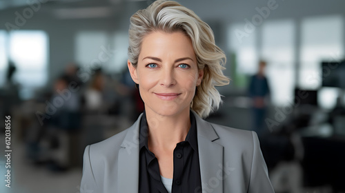 Confident middle aged businesswoman in suit standing against office background.Created with Generative AI technology.