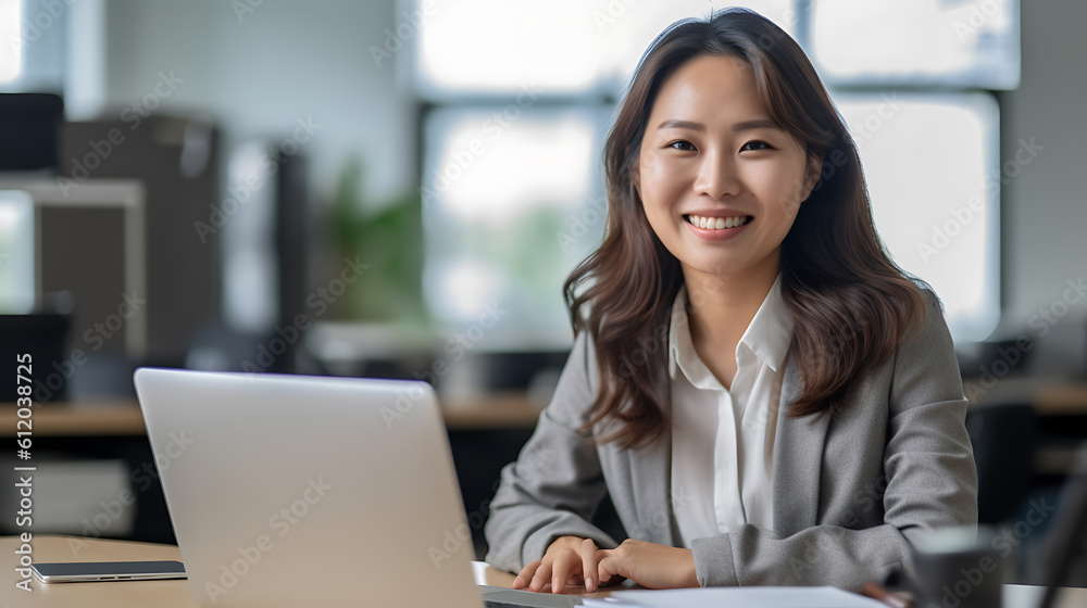 Portrait of young woman working on laptop in office.Created with Generative AI technology. Portrait of young woman working on laptop in office.Created with Generative AI technology.