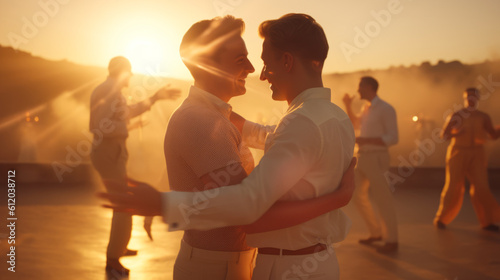 Gay caucasian men couple sensually dancing at sunset with dramatic light created with Generative AI