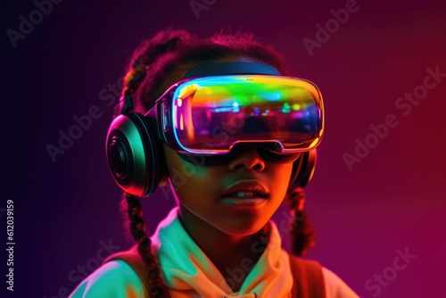 Portrait of African-American child wearing virtual reality headset. Vivid colors and neon glowing HMD on girls' face.Generated with AI © sirisakboakaew