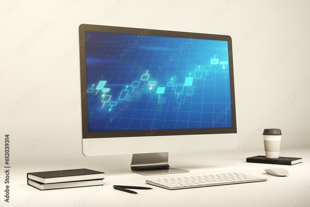 Abstract creative financial diagram on modern computer monitor, banking and accounting concept. 3D Rendering Abstract creative financial diagram on modern computer monitor, banking and accounting concept. 3D Rendering