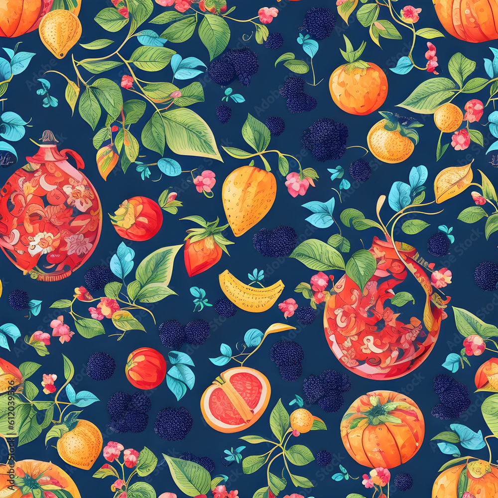 a blue background with a bunch of fruit on it, maximalism, repeating pattern, rich color palette, generative ai a blue background with a bunch of fruit on it, maximalism, repeating pattern, rich color palette, generative ai