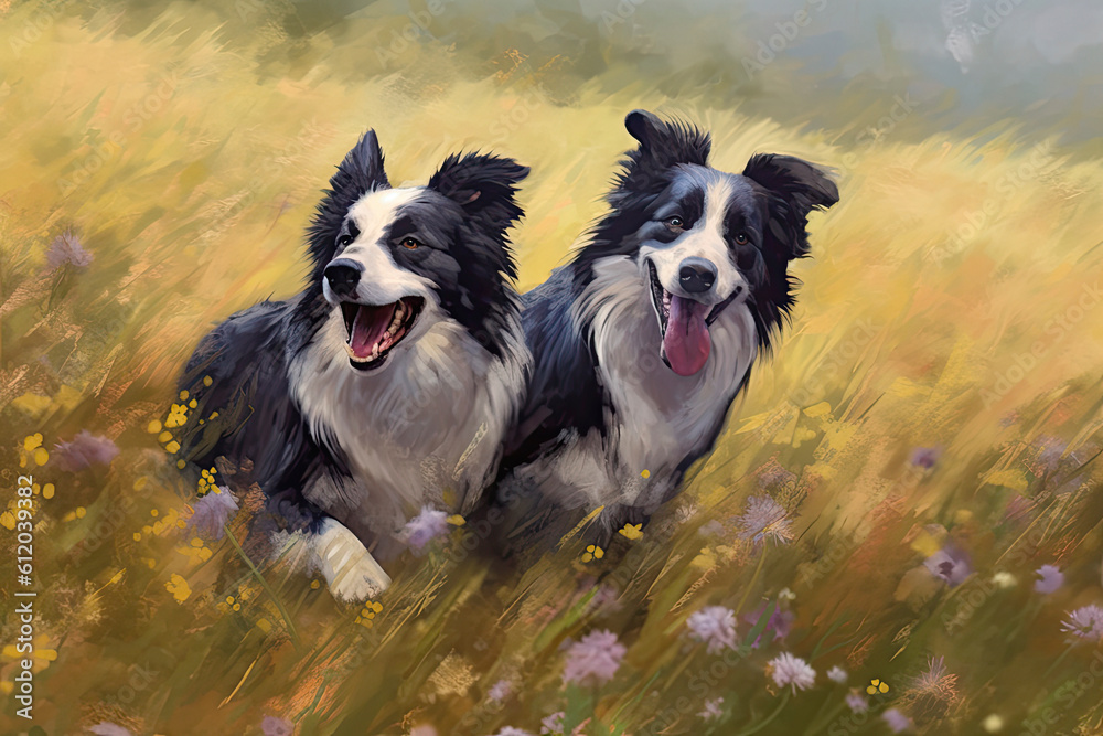 Painting of two Border Collies playing together in a field - Generative AI Painting of two Border Collies playing together in a field - Generative AI