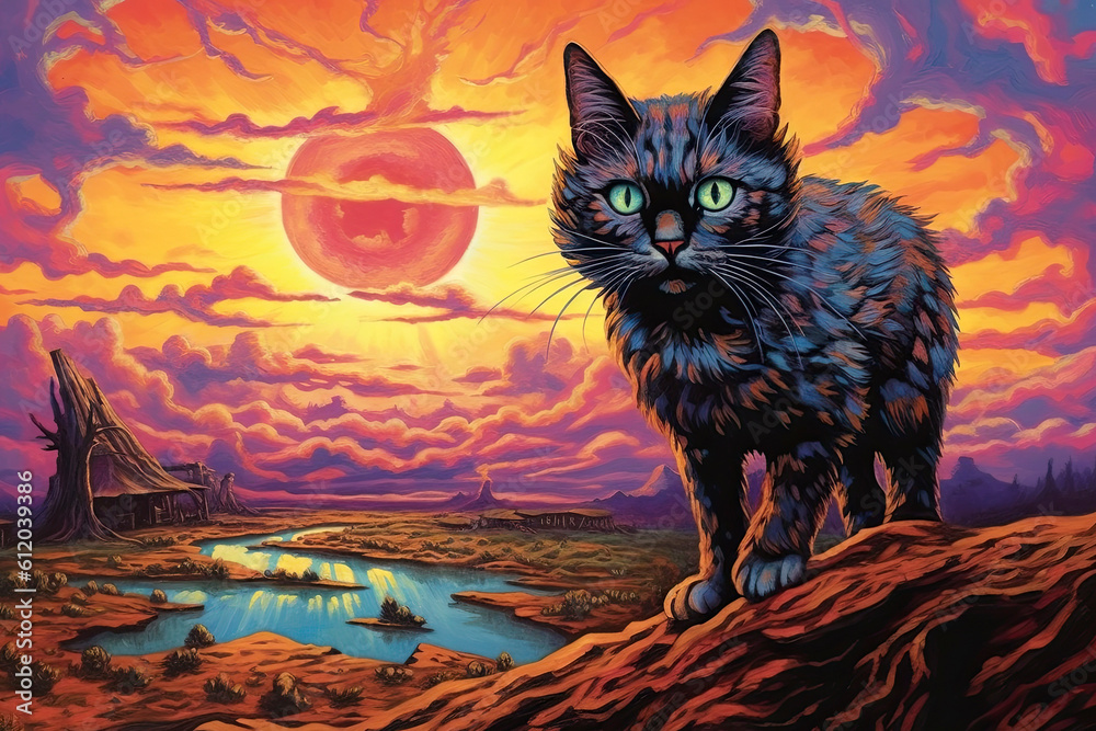 Obraz premium Painting of a cat looking out from a psychedelic and desolate landscape - Generative AI