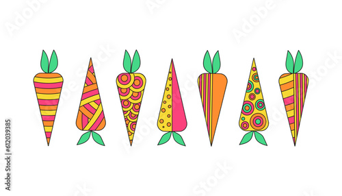 Bright vegetables carrot, abstract  pattern, ornament.  Drawings, doodle.  Vegetarian food. Vector illustration on white isolated background. 