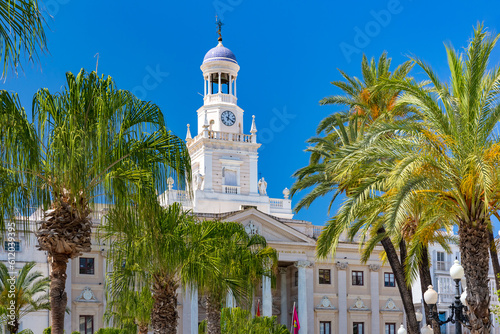 Facade of the Old Town Hall on Plaza de San Juan de Dios in sunny day, Cadiz, Andalusia, Spain
