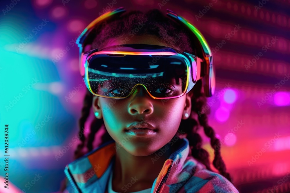 Portrait of African-American child wearing virtual reality headset. Vivid colors and neon glowing HMD on girls' face.Generated with AI Portrait of African-American child wearing virtual reality headset. Vivid colors and neon glowing HMD on girls' face.Generated with AI