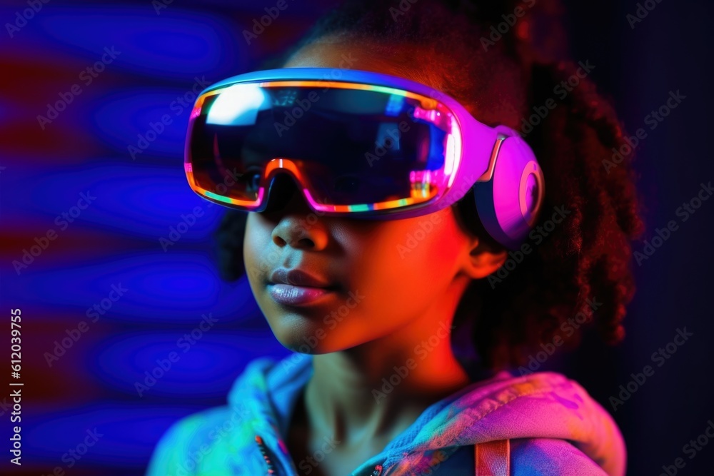 Portrait of African-American child wearing virtual reality headset. Vivid colors and neon glowing HMD on girls' face.Generated with AI Portrait of African-American child wearing virtual reality headset. Vivid colors and neon glowing HMD on girls' face.Generated with AI