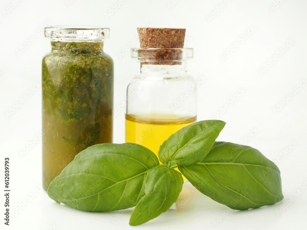 Olive oil and basil Next top a bottle of basil oil